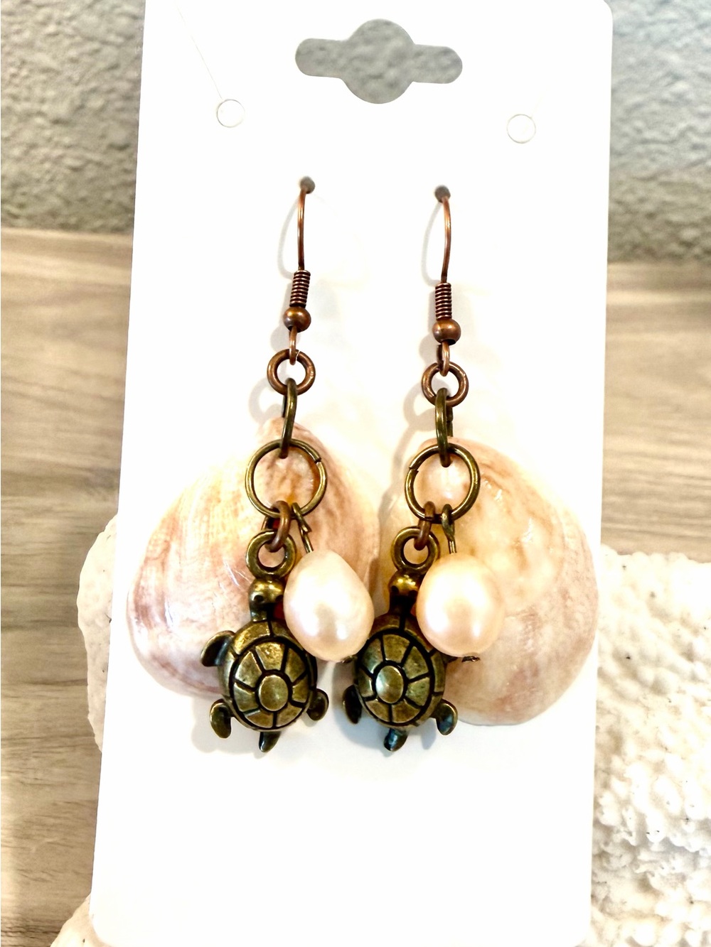 50. Fall Vibes!🍂🍁🍃 Turtle Charm Pearl Drop Earrings with slipper seashells